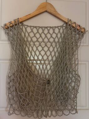 Antique/Unique Hand made heavy Metallic Beaded Net Overlay Top/vest  - Silver